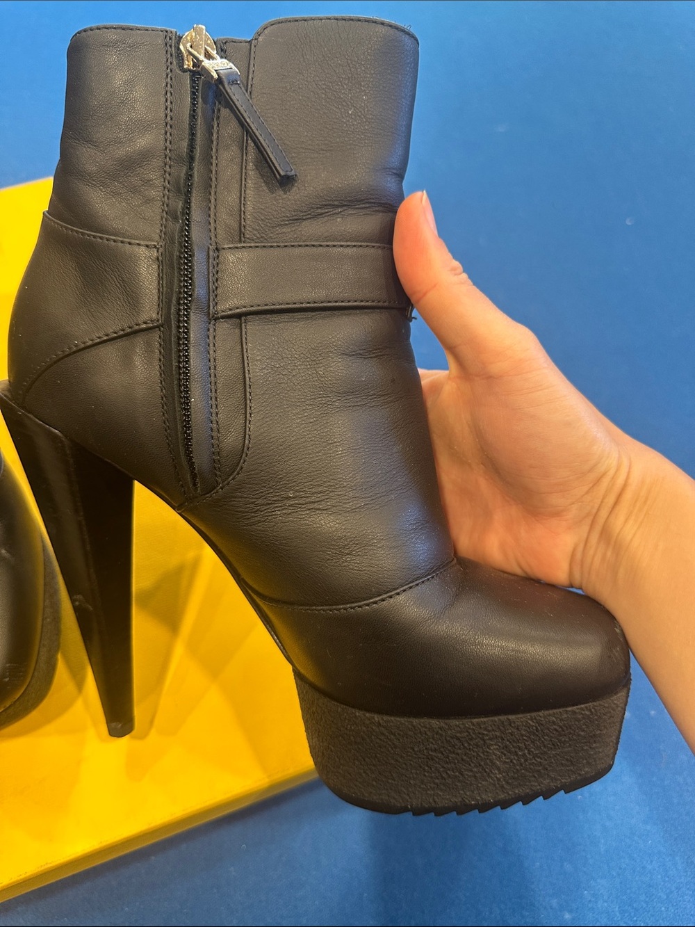 Fendi Black Leather High-Heel Platform Ankle Boots with Buckle - Picture 3 of 8